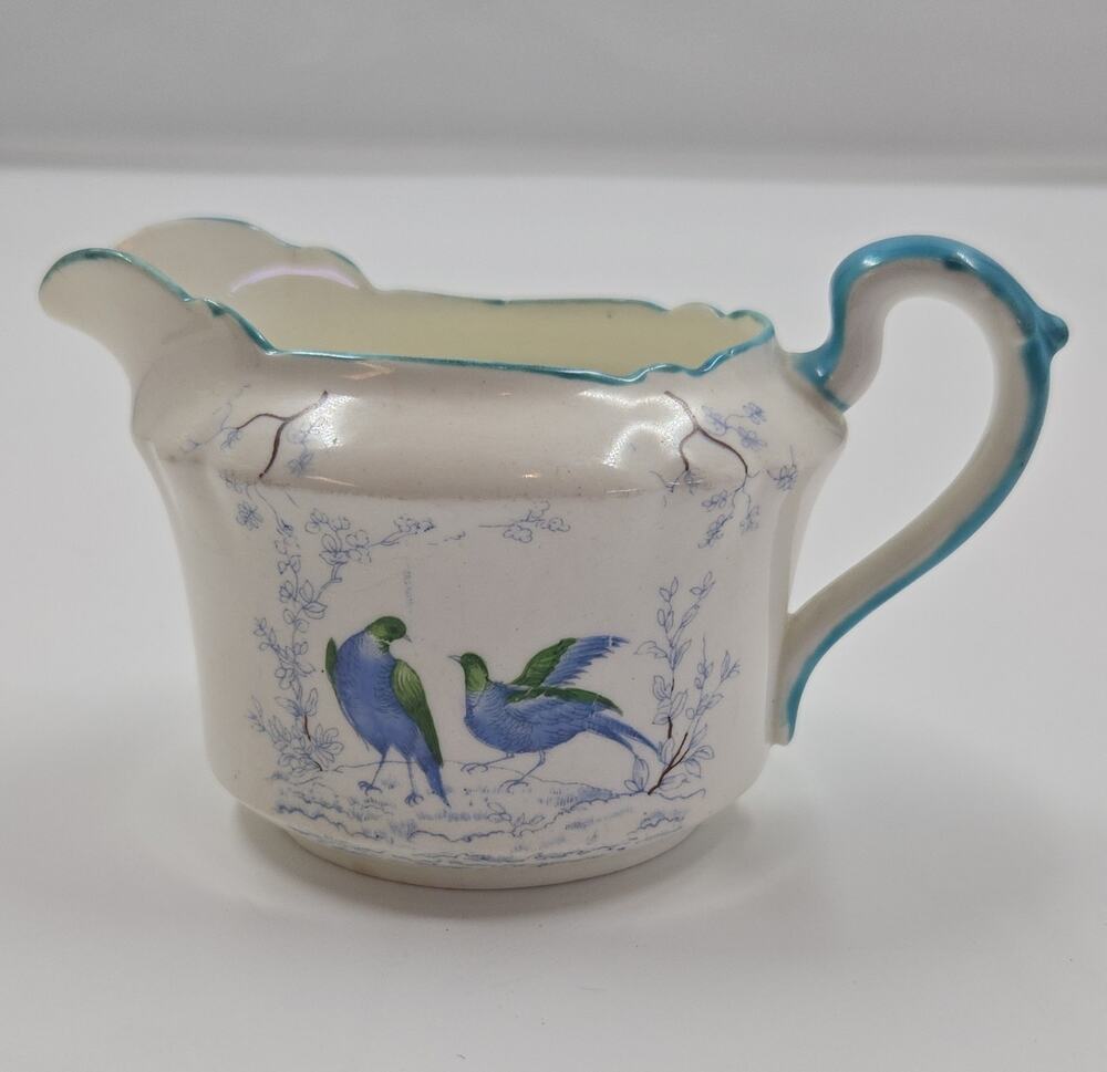 Grosvenor China Old English Bird Creamer Pitcher, White Blue Green, England